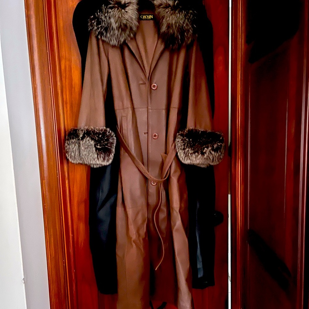 Long leather ladies coat with real fur trim